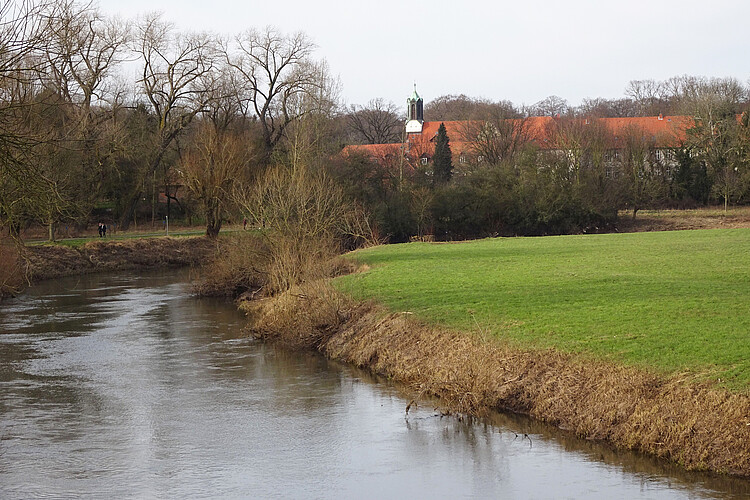 Im Vordergrund ist ein Flusslauf zu sehen, dahinter ragen die Gebäude des Klosters Marienwerder aus Baumwipfeln hervor.